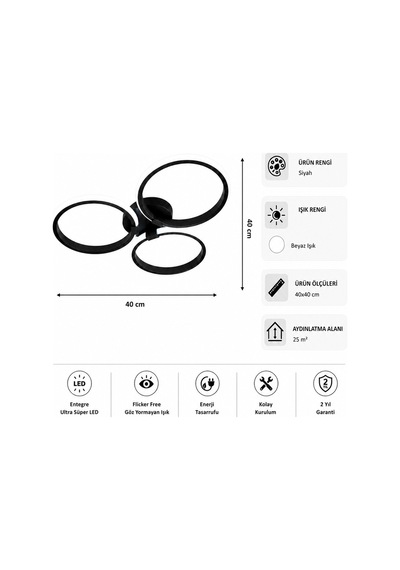 Yuno Led Plafonyer Avize Beyaz Işık Siyah