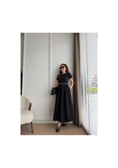 Unika Boutique Acı Kahve Kendinden Kemerli Alt Poplin Kumaş Elbise Siyah