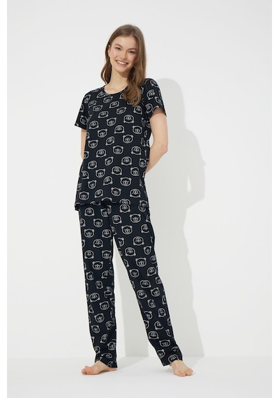 Siyah İnci Siyah Ayıcık Desenli Kısa Kollu Pamuklu Pijama Takımı Siyah A Desen