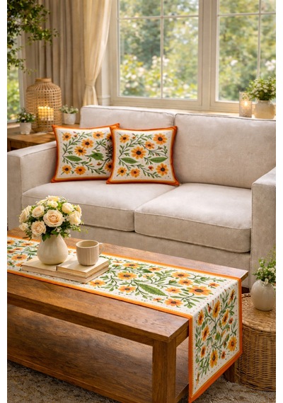 Tarzını Seç Kır Çiçek Desenli Salon Dekoru 2 Adet Kırlent Kılıfı 40x38 1 Adet Runner 40x140 Set Kır Çiçeği