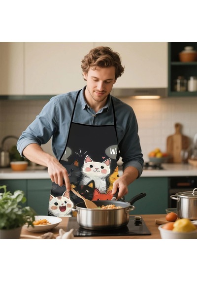 Valkyrie Kedi Desenli Mutfak Önlüğü Cepli Ayarlanabilir Askılı Unisex Mutfak Temizlik Önlüğü Siyah
