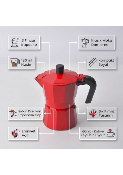 Kırmızı Moka Pot 3 Fincanlık, 180 Ml Alüminyum Espresso Demliği, Ocak Üstü Kahve Cezvesi, Gazlı Elektrikli Seramik Ocak Uyumlu, 9x12x17 Cm