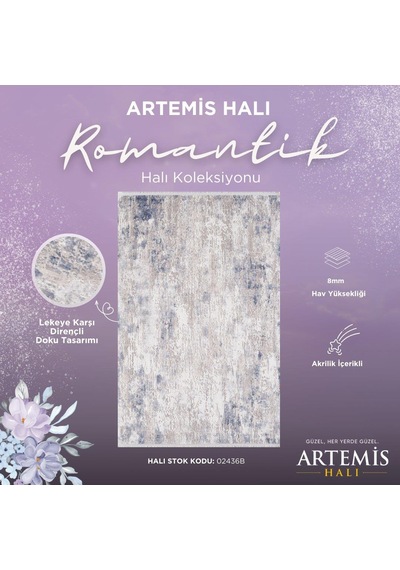 Artemis Halı Romantik 02436b Gri Mavi Modern Saçaklı Halı