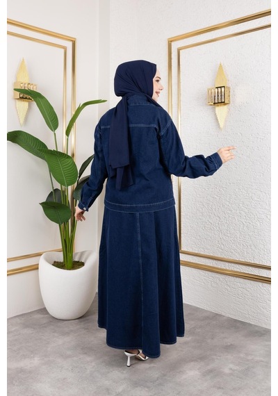 Harman Butik Kadın 2li Takım Kot Ceket Ve Beli Lastikli Etek Lacivert Lacivert