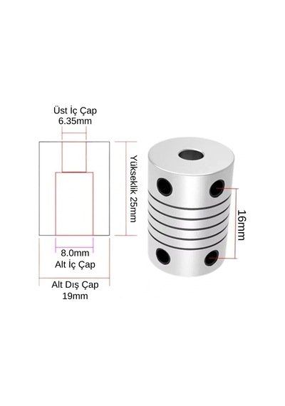 6.35x8mm Esnek Kaplin Alüminyum 3d Yazıcı Cnc Uyumlu