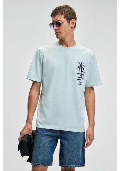Grimelange SONORA Erkek Baskı Detaylı %100 Organik Pamuk Regular Fit Kısa Kollu Açık Yeşil T-Shirt