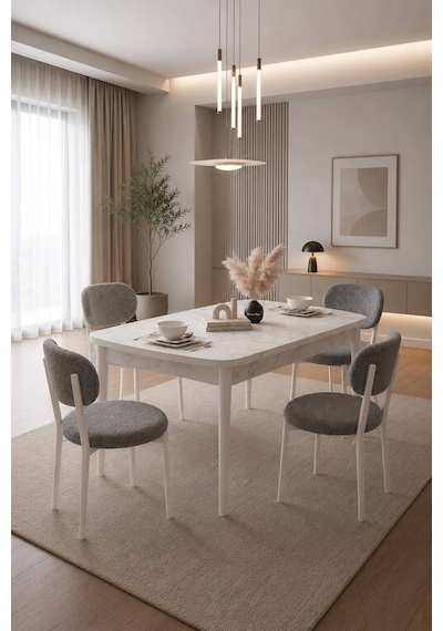 Renlife Açılır Yemek Masası Ve Sandalye Seti Metal Ayaklı 4 Sandalye + 80x130 Masa Beyaz Mermer Krem Beyaz Mermer Gri Renlife Açılır Yemek Masası Ve Sandalye Seti Metal Ayaklı 4 Sandalye + 80x130 Masa Beyaz Mermer Krem Beyaz Mermer Gri