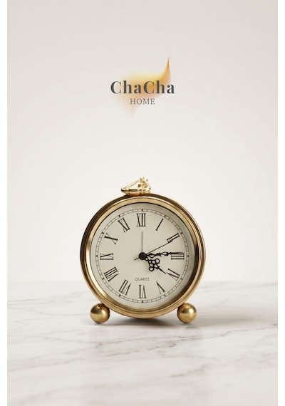 Chacha Home Serene Bell Vintage Metal Çalar Saat & Premium Masaüstü Dekoratif Obje 16x14 Cm Gold