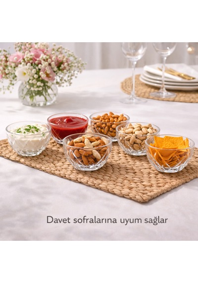 Ricci 6 Lı Cam Kase Seti 135 Ml Mini Servis Kasesi Çerez Sos Tatlı Sunum Kasesi Şeffaf