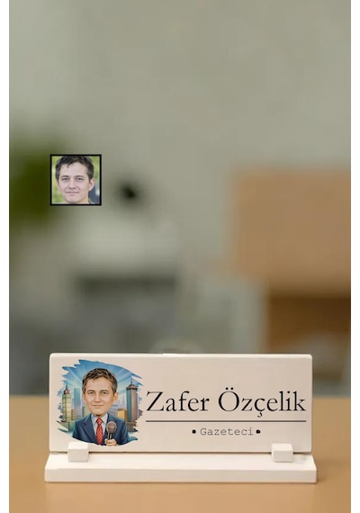 Kişiye Özel İsimli Gazeteci Temalı Masaüstü Taş İsimlik Beyaz