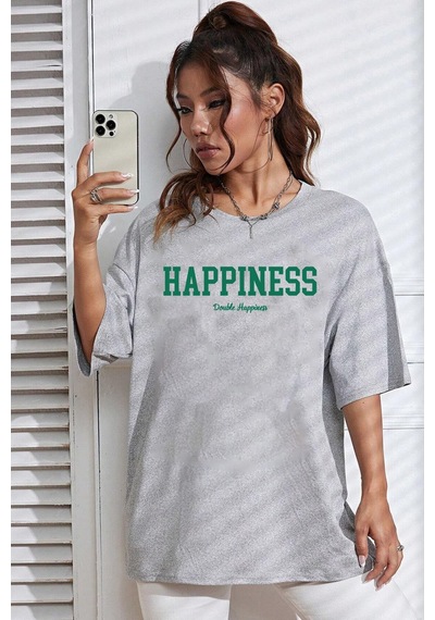 Flood Of Style Unisex Happiness Baskılı Tasarım Tshirt Gri