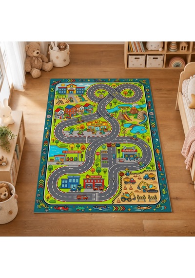 Kartela Halı Dino Şehir Kaymaz Taban Çocuk Oyun Halısı - 60 x 90 CM
