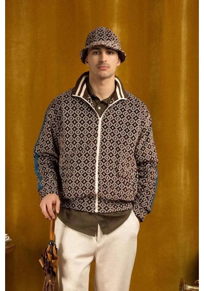 American Rag Cie Monogram Desenli Kadife Ceket - Yüksek Yakalı, Rahat Fit Kahverengi