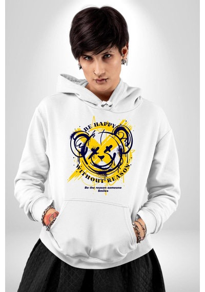 Sebep Olmadan Mutlu Ol Kadın Erkek Beyaz Kapüşonlu Sweatshirt Hoodie Beyaz