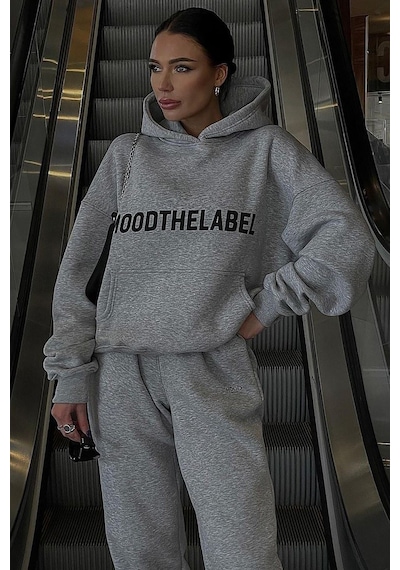 Mood The Label Kışlık Eşofman Takımı - Gri Baskılı Kapüşonlu Oversize Şardonlu Gri