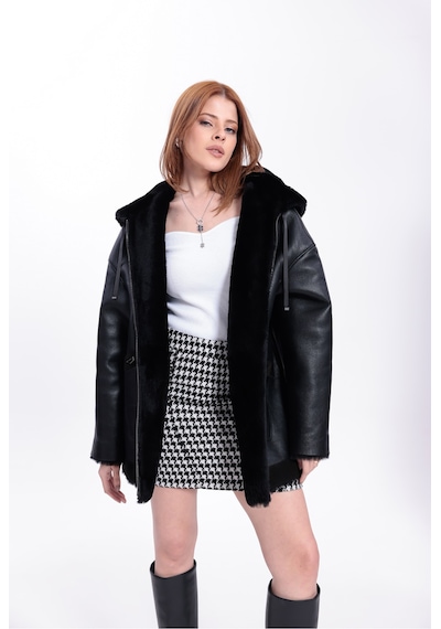 M M Marki Marki Hakiki Deri Kadın Mont Siyah İçi Kürklü Kapüşonlu Oversize Fermuarlı 67 Cm - 120322