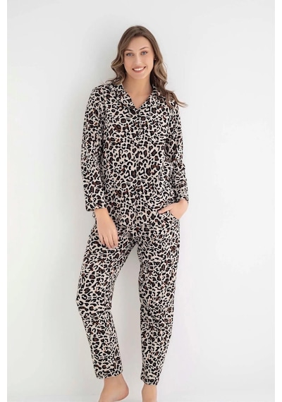 Senfoni Kadın Gömlek Yaka Uzun Kol Leopar Desenli Pamuklu Pijama Takımı 6007 -1 Adet 001