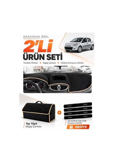 E-biz Renault Clıo 3 2005-2012 Uyumlu Torpido Örtüsü + Tay Tüyü Bagaj Çantası - Siyah-bej - Re017