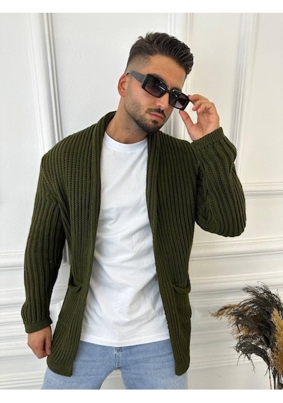 Elku Moda Hırka Kalın Örgü Şal Yaka Cepli Panço Triko Hırka Yeşil