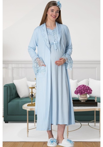 Mecit Pijama Mecit 5417 Mavi Uzun Sabahlıklı Lohusa Gecelik Takımı