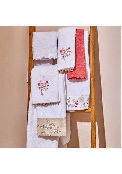 Soft Granny Summer Çiçek Nakışlı Yüz Havlusu - Ekru - 50x90 Cm Renkli