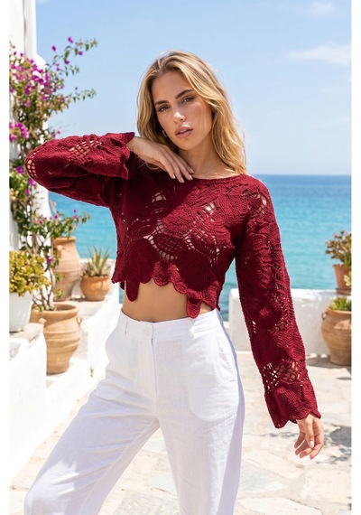 Sayzen Your Shine Dantel Işleme Crop Bluz Sy-shn04 Bordo