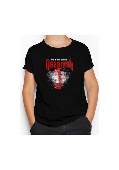 Zepplin Giyim Nazareth Rock 'N' Roll Telephone Siyah Çocuk Tişört Siyah