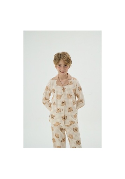 Zeyzey 8902 Unısex Çocuk Düğmeli Pijama Takım Camel/7-8yas