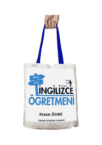 Art Hediye Mavi Kulplu Kişiye Özel When Who İngilizce Öğretmeni Yıkanabilir Omuz Çanta Çok Renkli