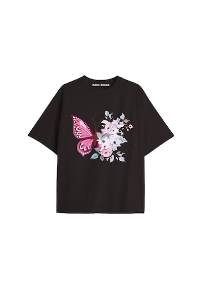 Kalic Studio Kadın Çiçek Özel Baskılı Renkli Oversize Penye Pamuklu Bisiklet Yaka T-shirt Siyah-36