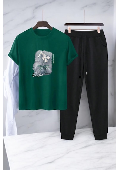 Uyguntarz Unisex Saksı Tasarım Basklı Tshirt Eşofman Takımı Yeşil