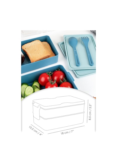 2 Katlı Kilitli Beslenme Kabı - Kendinden Çatal Kaşıklı Lunch Box Beslenme Kutusu Saklama Kabı Mavi