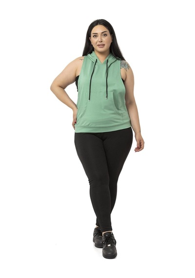 Disentis Büyük Beden Kanguru Cepli Kapüşonlu Geniş Kol Oyuntulu Mint Yeşili T-shirt-mint Mint