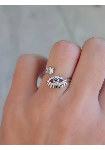 Ayarlanabilir Nazar Model Zirkon Taşlı Silver Renk Çelik Yüzük Gümüş