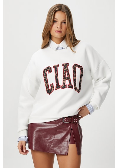 Kadın Ciao Nakışlı İçi Polarlı Leopar Ekru Oversize Seeatshirt Ekru