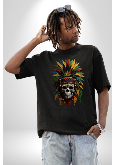 Kurukafa İskelet Kızılderili Tüy Kartal Şefi Pamuklu Bisiklet Yaka Unisex Oversize Boyfriend Dijital Baskılı Siyah T-shirt Siyah