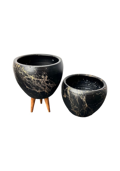 Bitki Tasarımı Ev Dekorasyon Siyah Üzeri Gold Mermer Efektli Toprak Saksı Saksılık Salon Çiçeklik İkili Set Ayaksız - 3 Ayaklı- 15 Cm