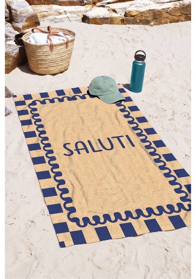 Modern Çizgili Marine Plaj Havlusu - Bej Lacivert Akdeniz Stil Hızlı Kuruyan Mikrofiber Havlu Yağmur Papatya