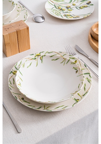 Olive Zeytin Desenli Premium Porselen 20 Cm Yemek Tabağı 6 Lı Set Yeşil