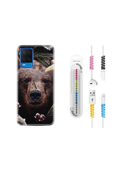 Oppo A54 Kılıf Kablo Koruyuculu Flowers Bear 1337
