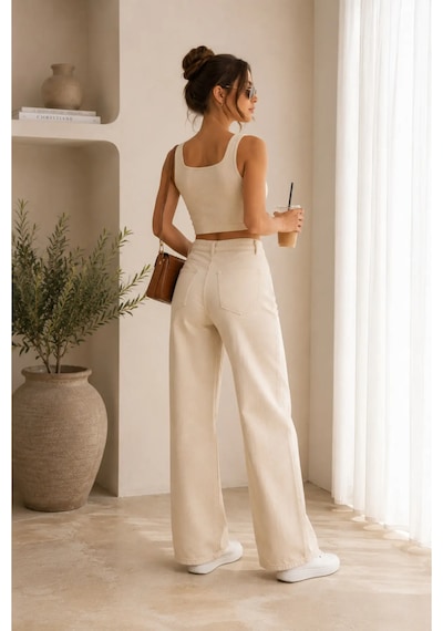 Layal My Beauty Melody Kadın Jeans Wide Leg Rahat Yüksek Bel Salaş Bol Paça Jean Palazzo Denim Kot Pantolon Krem