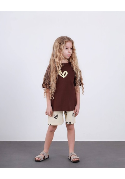 Miniko Kids Kız Çocuk Kalp Modelli Pamul Şortlu Takım Kahverengi