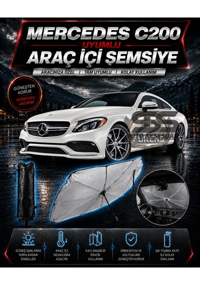 Mercedes C200 Araç Ön Cam Güneşliği Katlanabilir Şemsiye Oto Güneşlik Uv Korumalı Gölgelik Araba Oto Şemsiyesi