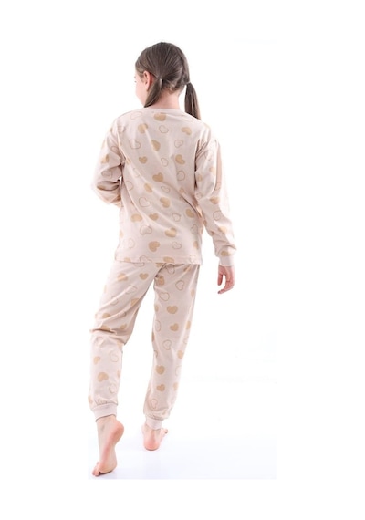 Geyik Desenli Kız Çocuk Pijama Takımı Bej