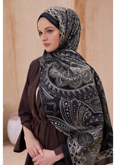 Belli Fresh Çiçek Desen Vintage Şal 3 Siyah-Krem
