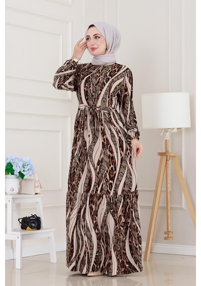 Sevitli Leopar Desenli Beli Tünelli Viscon Elbise-bej-5088 Bej
