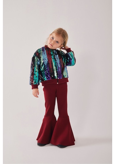 My Kids Wear Kız Çocuk Bayramlık Payetli Ceket & İspanyol Paça Tayt Takımı 12476 Bordo