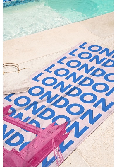 Londra Temalı Şehir Manzaralı Plaj Havlusu - Tipografik Pembe Mavi Hızlı Kuruyan Mikrofiber Havlu Donuk İncisi