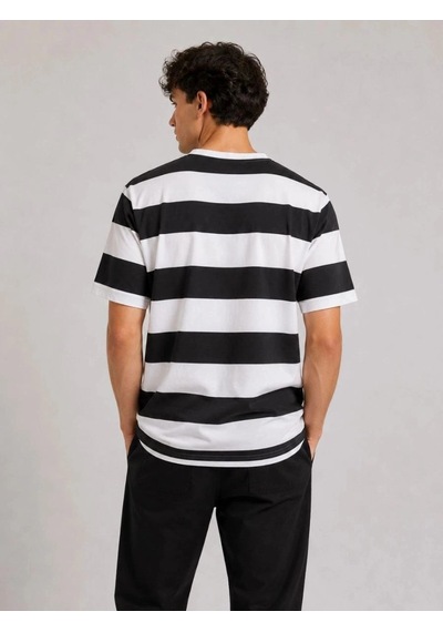 Freedom Storee Erkek Çizgili Oversize Tişört Bisiklet Yaka Kısa Kol Yazlık T-shirt - Siyah Çok Renkli