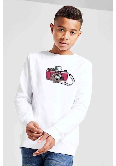 Tshirthane Watercolor Camera Baskılı Unisex Çocuk Beyaz Sweatshirt (534756393) Beyaz